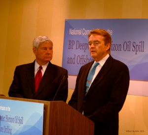 Bob Graham and Bill Reilly respond to questions during a press conference during the second day of the Oil Spill Commission in New Orleans